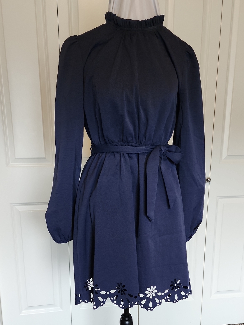 Cupshe Navy Long Sleeve Ruffle-Neck Tie-Waist Dress with Floral Cutout Hem